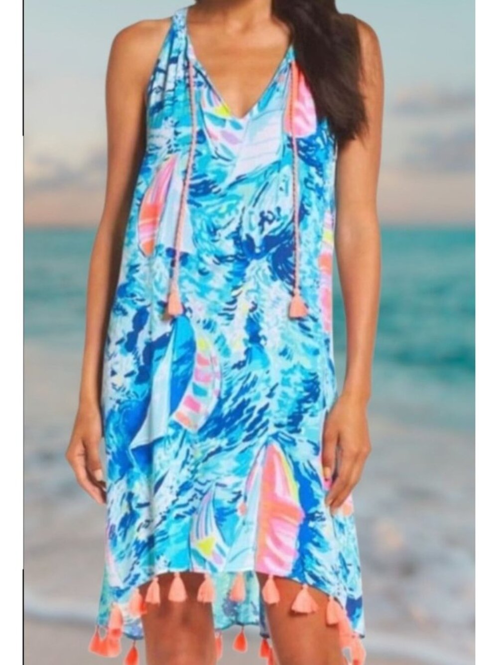 Lilly Pulitzer Roxi Dress Hey Bay Bay Print M Sleeveless Tassel Hem Blue FLAW